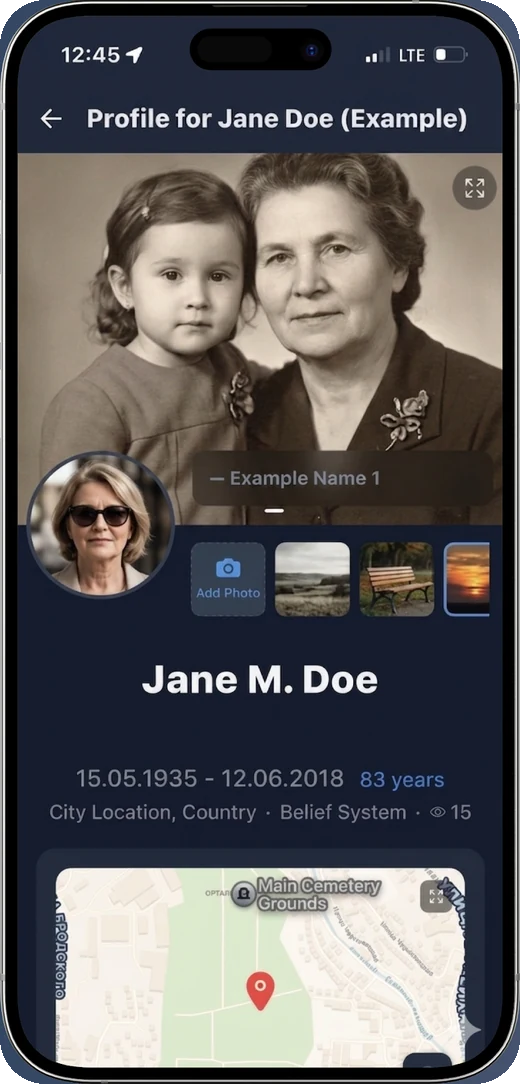 A person's page in the iRitual app: photographs, life dates, place on the map and old family pictures